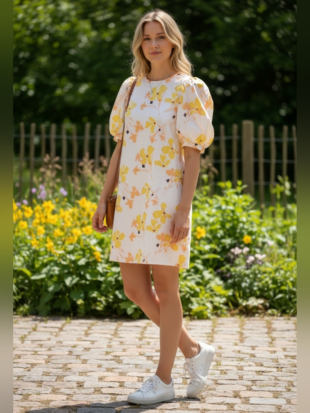 a new day Cotton White Dress with Yellow Floral Puff Sleeves